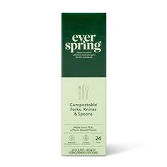 the packaging for ever spring compostable forks, knives and spoons