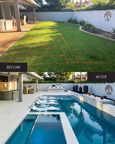 before and after pictures of a pool with grass in the back yard, then on the front lawn