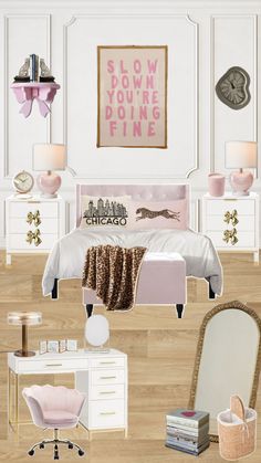 a bedroom with white furniture and pink accents