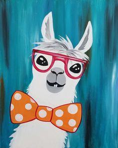 a painting of a llama wearing red glasses and a bow tie with polka dots