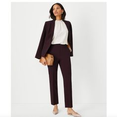 Never Opened High Rise Ankle Plum Color Pants, Chic Ankle-length Dress Pants For Career, Elegant Career Pantsuit For Fall, Elegant Fall Career Pantsuit, Chic Career Pants For Fall, Stretch Pantsuit For Formal Occasions In Fall, Chic Tailored Pants For Career, Chic Spring Career Pantsuit, Tailored Chic Career Pants