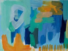 an abstract painting with blue, orange and green colors on it's edges is shown