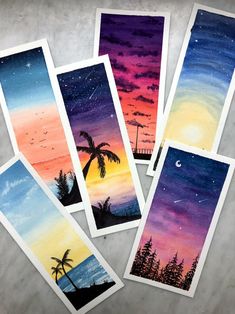 five cards with pictures of palm trees and the sky painted in watercolor on them