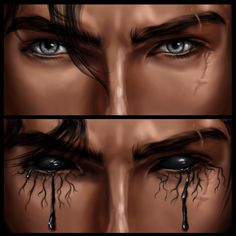 three different views of the face of a man with tears on his eyes and eyebrows