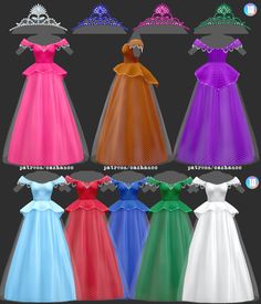 different colored dresses and tiaras are shown in this image, with the same color