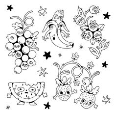 an image of some fruit and vegetables on a white background, with stars in the sky