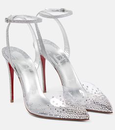 Spikaqueen embellished PVC pumps in silver - Christian Louboutin | Mytheresa Red Stiletto Heels, Diamond Heels, Red Stilettos, Crystal Heels, Silver Pumps