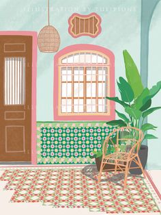 an illustration of a room with a chair and potted plant next to the door