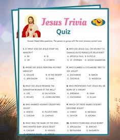 the jesus trivia quiz is shown in front of a sunset background with palm trees