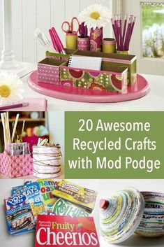 there are many crafts and craft supplies on the table with text overlay that says 20 awesome recycling crafts with mod podge