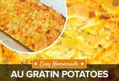 an easy homemade cheesy potato casserole recipe is shown in this ad