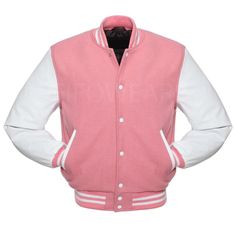 The original American pink and white letterman jacket, made of 24 ounce pink wool body with white cowhide leather sleeves. Varsity jackets are known throughout the world. In US they are referred to as varsity jackets, letterman jackets, letter jackets and award jackets. They are called leaver jackets in Australia and New Zealand. In Germany, and throughout many countries in Europe, they are known as college jackets while in the UK they are known as both baseball jackets and bomber jackets. They are even called hockey jackets in Canada. Whatever you call them they are a true American icon statement and Fifowears is the leading manufacturer. We ship worldwide. Fifowears varsity jackets are a must for every cyclist, polo player, table tennis player, band member, track and field athlete, drama Custom Varsity Jackets, Leather Sleeve Jacket, Varsity Letterman Jackets, College Jackets, Best Leather Jackets, Leather Sleeves, Real Leather Jacket, Letterman Jacket, Style Pink