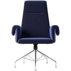 a blue office chair sitting on top of a metal base with two arms and legs