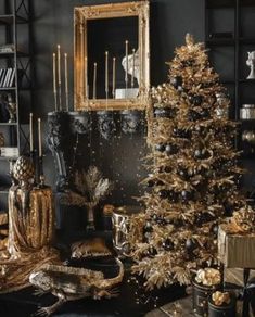 a black and gold christmas tree in a living room