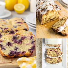 lemon blueberry bread with white glaze on top and in the middle, next to sliced lemons