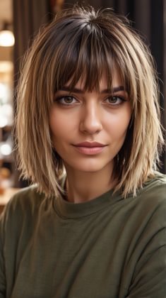 Curtain Bangs Short Hair Layers: A choppy layered bob with curtain bangs is the go-to for a modern, edgy look. Suitable for straight or wavy hair, this haircut is excellent for adding texture and depth, especially for finer hair types Bob Hair With Bangs Round Face, Layered Bob Hairstyles With Fringe, Cute Short Hair Cuts With Bangs, Short Hairstyle Women With Fringe, Short A Line Bob With Bangs, Choppy Bob Bangs, Textured Bob Curtain Bangs, Layered Short Haircuts With Bangs, Haircut Bob With Bangs