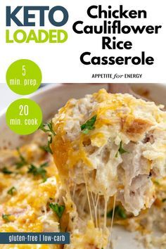 chicken cauliflower rice casserole recipe in a white bowl