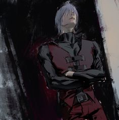 an anime character is standing with his arms crossed in front of him, wearing a black and red outfit