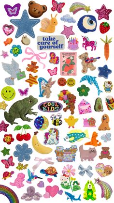 an assortment of colorful stickers on a white background