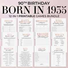 the printable birthday party games bundle is shown with pink and black lettering on it