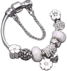 White Adjustable Alloy Charm Bracelet, Trendy White Alloy Bracelet, Trendy Alloy Jewelry With Charms, Trendy White Alloy Bracelets, Friendship Jewelry With Removable Charms, White Jewelry With Flower Charm For Friendship, White Flower Charm Jewelry For Friendship, White Adjustable Charm Bracelet With Flower Charm, Adjustable White Charm Bracelet With Flower Charm