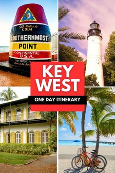 a collage of photos with the words key west in red, yellow and blue