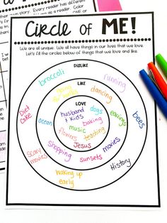 the circle of me worksheet is shown with markers and pencils next to it