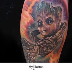 a tattoo with an image of baby groote on it's arm and hands