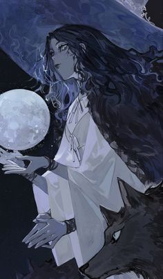 a woman with long hair holding a wolf in her hand and looking at the moon