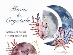 watercolor clipart composition moon and crystals