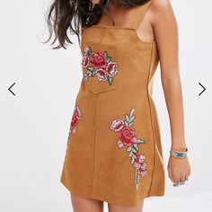 Boohoo Embroidered Faux Suede Jumper Dress With Floral Appliqus | Size Us 10 Never Worn - New With Tags Bust: Waist: Hips: Overall Length: Casual Fitted Embroidered Dress For Fall, Floral Embroidered Mini Dress For Fall, Embroidered Mini Dress For Fall, Fall Mini Dress With Floral Embroidery, Fall Floral Embroidered Mini Dress, Fall Floral Embroidery Mini Dress, Sparkly Short Dress, Tan Mini Dress, Ruffle Bottom Dress