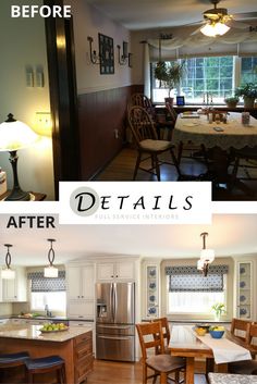 before and after photos of a kitchen with island, dining room table, and breakfast nook