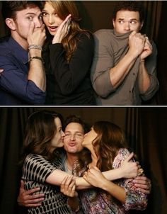 three different pictures of people kissing each other and one has his hands on his face