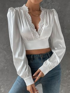 Fancy Top Design, Fancy White Tops, Satin Top Outfit, Top Designs For Women, White Satin Blouse, Satin Tops, Satin Formal Dress, White Crochet Top, Blouse Casual Fashion