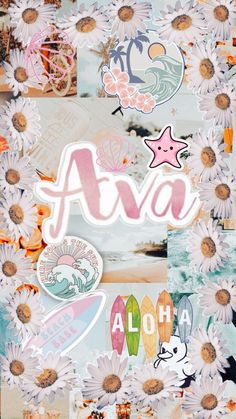 the word ava is surrounded by flowers and other stickers