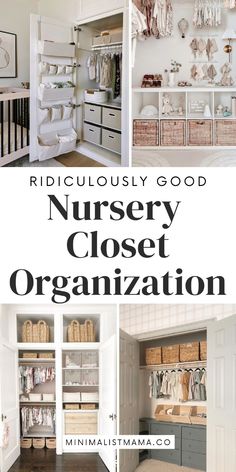 an organized nursery closet with lots of storage space and items in baskets on the shelves