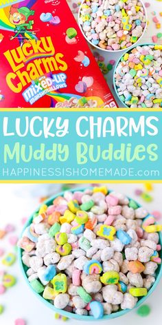 lucky charms muddy buddies cereal is in a bowl and on the table next to a book