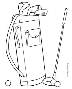 a drawing of a golf bag with a club and ball on the ground next to it