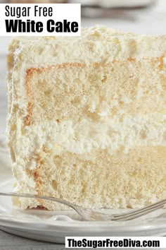 a close up of a slice of white cake on a plate with the title overlay