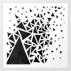 black and white art print with triangles in the middle, against a white background that looks like it has been made out of paper