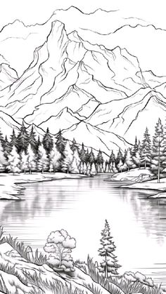 a black and white drawing of a mountain lake