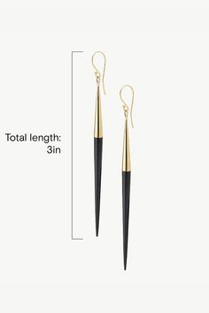 These slender drop earrings spike in bright white or dyed black bone and are finished with handmade brass caps and hooks. Handcrafted in brass by artisans in Kenya using traditional techniques. Handcrafted in brass and ethically sourced horn by artisans in Kenya. Your purchase promotes artisan innovation + entrepreneurship. Height: 3in (76.2mm) Thickness: 0.15in (4mm) Diameter: 2in (50.8mm) Innovation And Entrepreneurship, Black Earrings Dangle, Handmade Brass, Traditional Techniques, Jump Rings, Kenya, Bright White, Horn, Bones