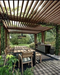 an outdoor kitchen and dining area is shown in this 3d renderer image, with wood pergolated roofing