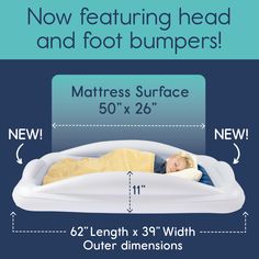 an inflatable mattress is shown with measurements for the head and foot bumpers