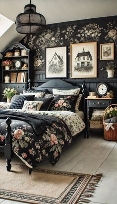 a bedroom with black walls and floral bedding