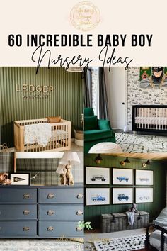 a collage of baby boy nursery furniture and decor with text overlay that reads, 60 incredible baby boy nursery dresser ideas