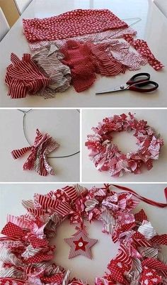 the steps to make a red and white christmas wreath