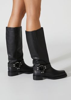 Staying on trend has never been easier with Biker. Featuring a squared toe shape and side accent, this calf boot remains a classic staple for anyone who desires just a little bit of edge. Pair with jeans, a knitted dress or mini skirt, the options are endless. -Material: Leather -Sole: Rubber -Fit:True to size -Toe-shape: Square -Features:Metal ring detail -Heel: 3.5cm Leg Height x Calf Circumference x Opening Circumference 5 – 322mm x 353mm x 376mm 5.5 -326.5mm x 358.5mm x 382mm 6 – 331mm x 364 Women's Knee High Boots, Thigh High Boots Flat, Womens Low Heels, Metallic Shoes, Tony Bianco, Low Boots, Slingback Shoes, How To Stretch Boots, Buckle Boots