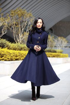 #Modest doesn't mean frumpy. #DressingWithDignity on.fb.me/1lfqxT2 Drawing Female, Navy Blue Coat, Ethno Style, Blue Coat, Wool Winter, Blue Coats, Long Jacket, High Collar