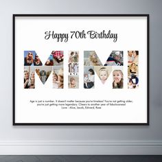 a birthday card with the words happy 70th on it and pictures of people in them